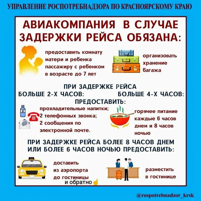 Услги пассажирам при задержке авиарейсов | Источник: Роспотребнадзор Красноярск / Telegram