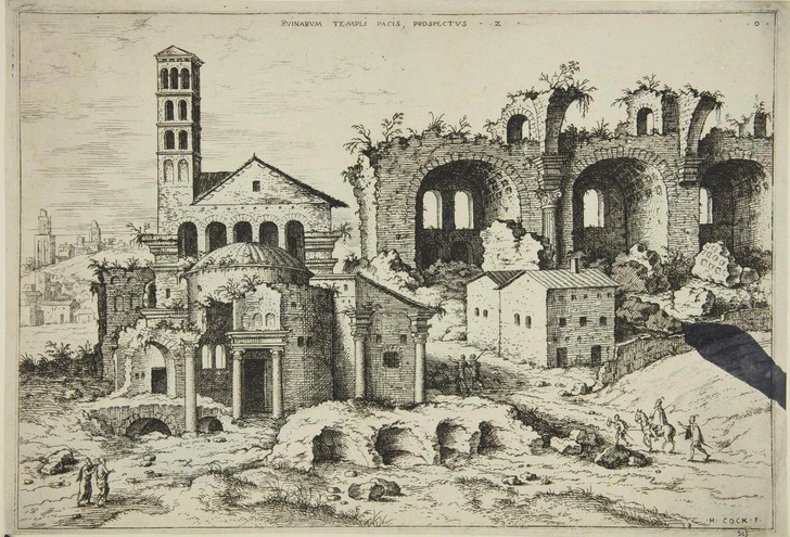 Руины храма Мира (Второй вид на храм Ромула и базилику Константина). Гравер и автор композиции Иероним Кок. Время создания доски: 1551 | Источник: ГМИИ им. А.&nbsp;С.&nbsp;Пушкина