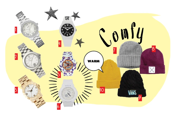 1. Часы, GUESS, 13 990 руб. 2. Часы, Versus, 18 000 руб. 3. Часы, Marc by Marc Jacobs, 16 000 руб. 4. Часы, Superdry, 4000 руб. 5. Часы, Baby-G, 13 490 руб. 6. Часы, Baby-G, 8490 руб. 7. Шапка,Monki, 869 руб. 8. Шапка, H&M, 599 руб. 9. Шапка, Vans, 1600 руб. 10. Шапка, Reclaimed Vintage, 999 руб.