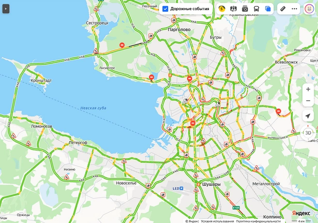 Ремонт на вантовом мосту собрал огромную пробку на КАД | Источник: «Яндекс.Карты»