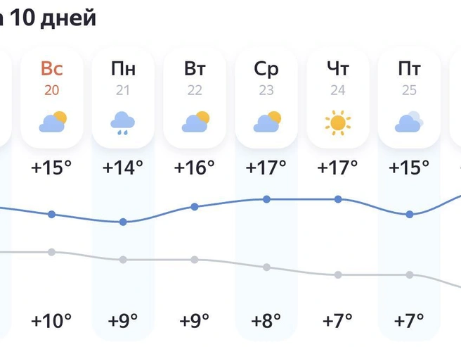 По прогнозу «Яндекса», дожди пройдут только в понедельник | Источник: «Яндекс Погода»