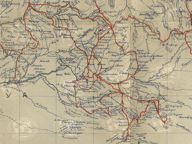 Фрагмент карты с маршрутом экспедиции Василия Юнкера в 1879–1883 гг. | Источник: Научная библиотека РГО