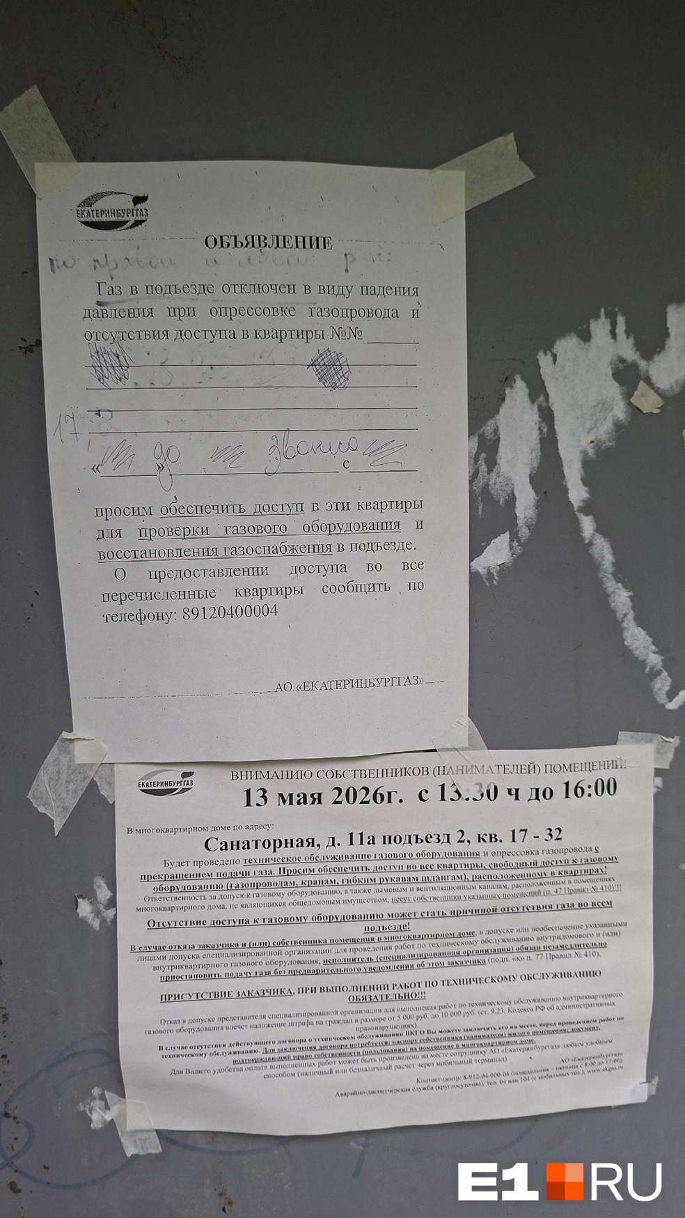 На двери подъезда повесили несколько объявлений | Источник: читательница E1.RU
