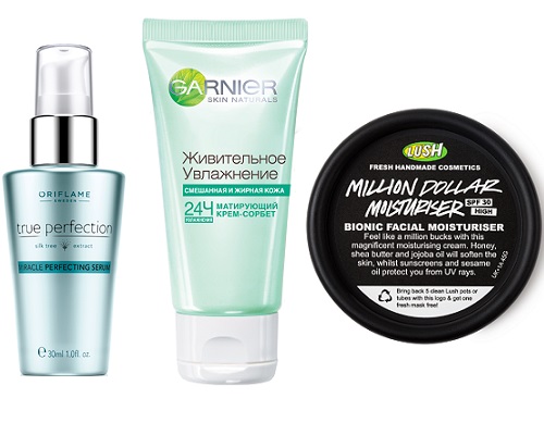 Oriflame Сыворотка мгновенного действия для совершенства кожи True Perfection, Garnier Матирующий крем–сорбет для смешанной и жирной кожи «Живительное Увлажнение», Lush Питательный крем для лица с маслом жожоба Million Dollar Moisturiser | Источник: Архив пресс-служб