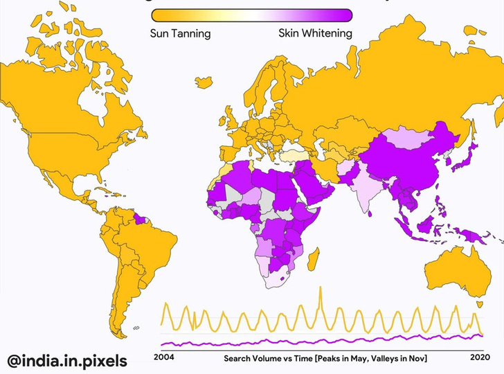 Карта: Где в мире популярен загар, а где — отбеливание