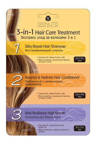 Экспресс-уход за волосами 3-в-1 от Skinlite. Набор содержит 3 продукта: шампунь, кондиционер и сыворотку