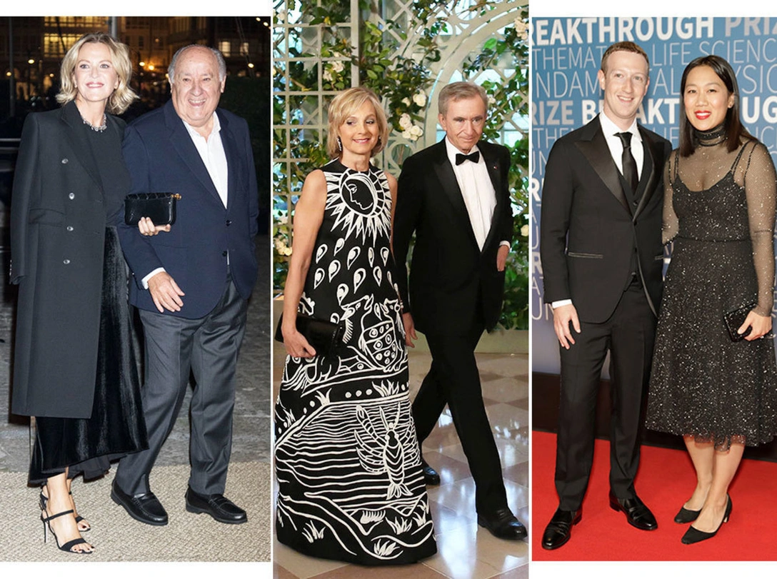 Слева направо: Флора Перес и Амансио Ортега, Бернар Арно и Элен Мерсье, Марк Цукерберг и Присцилла Чан | marieclaire.ru