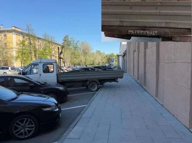«Уже третий день так паркуется этот сверхразум»,&nbsp;— написал читатель. Это район ЮУрГУ, тротуар сбоку от главного корпуса. Формально машина стоит на парковке, но ее длинный зад почти блокировал тротуар | Источник: читатель 74.RU