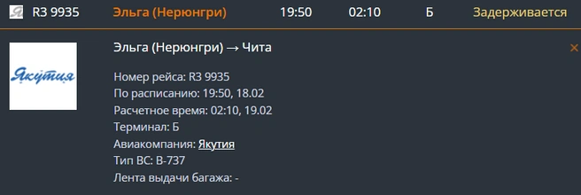 Источник: скриншот онлайн-табло аэропорта Читы / aerochita.ru