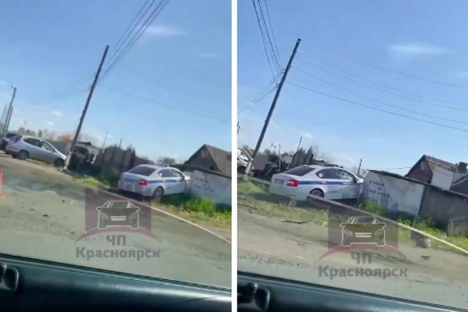 От удара служебный автомобиль улетел в забор | Источник: «ЧП Красноярск» / Telegram