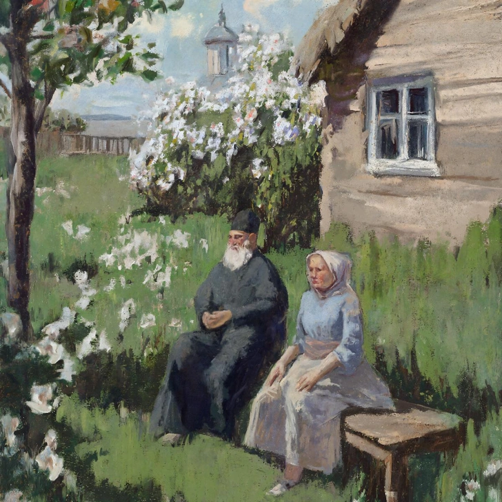 Генерация картины «За штатом. Этюд». В.Э. Борисова-Мусатова на основе описания из архивов Воронежского областного художественного музея. «С правой стороны изображена часть избы: видно одно окно и часть крытой соломой крыши. На скамье, стоящей около избы, сидят старик-священник и старуха в белом чепце с чулком в руках. Около избы — высокий куст, за ним видна колокольня церкви. С левой стороны на горизонте поле и над ним лиловые и розовые облака. Мелкие детали рисунка процарапаны». | Источник: sberbank.com/promo/aiart