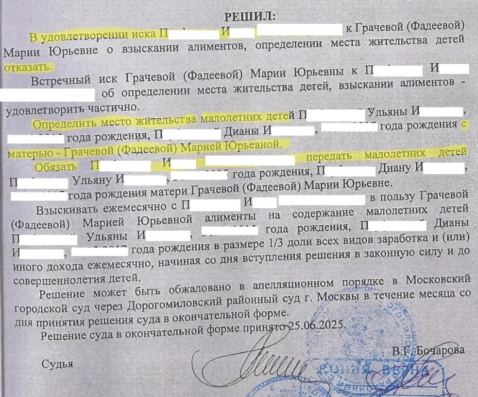 Суд в Москве обязал отца передать детей матери | Источник: предоставлено Марией Грачевой из материалов дела