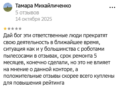 Тамара написала, что ремонт пылесоса длился пять месяцев | Источник: 2ГИС