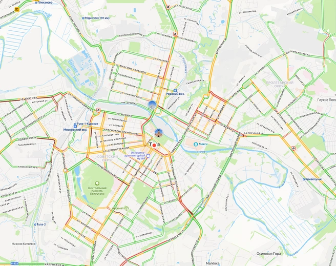 Дорожная ситуация в Туле утром 2 октября | Источник: yandex.ru/maps
