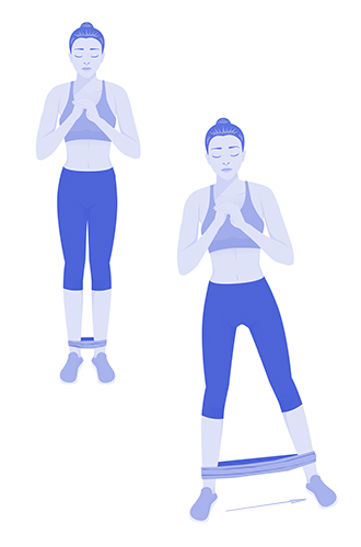 Ходьба с эластичной лентойПрочерчиваем внешнюю и внутреннюю поверхность бедра. Поставьте ноги на ширине плеч и обвяжите их эластичной лентой чуть выше лодыжки. Лента должна быть туго натянута. Теперь левой ногой сделайте шаг влево и продолжайте двигаться в этом направлении (упор должен быть всего на одну ногу). Сделайте несколько шагов, затем поменяйте ногу и направление.