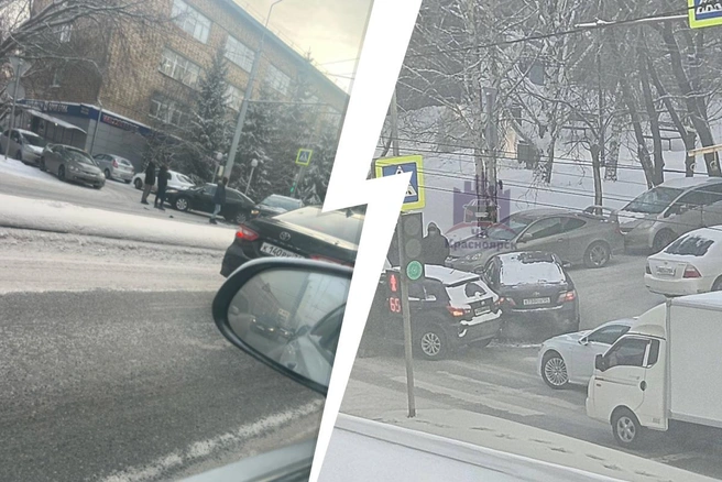 Видимо автомобили не разминулись | Источник: Дмитрий Рыжиков / 2gis.ru, «ЧП Красноярск» / Telegram