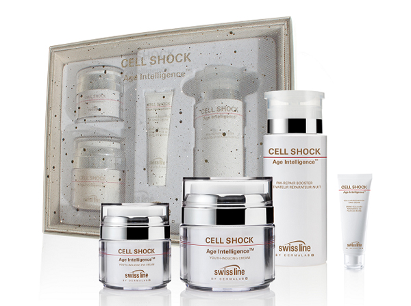 Набор Cell Shock Age Intelligence Paramedical Glamour Kit, Swiss Line. В набор входят: крем для лица омолаживающий, 50 мл; лосьон – ночной активатор восстанавливающий, 130 мл; крем для глаз омолаживающий, 15 мл; крем для рук с эффектом 3D, 15 мл.