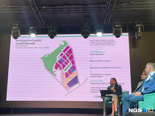 На схеме розовым отмечено жилье, голубым — школы, красным — детские сады, бежевым — общественное-деловая зона с поликлиникой, фиолетовым — производственная | Источник: Елизавета Горячева / NGS.RU
