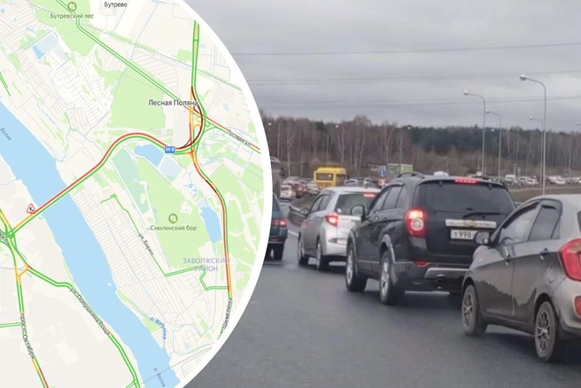 В Ярославле на Юбилейном мосту образовалась гигантская пробка | Источник: «Яндекс. Пробки», Подслушано в Ярославле / Vk.com
