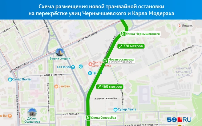 Новую остановку построят между остановками «Улица Соловьёва» и «Улица Чернышевского» | Источник: «Яндекс Карты»; Кирилл Хафизов / 59.RU