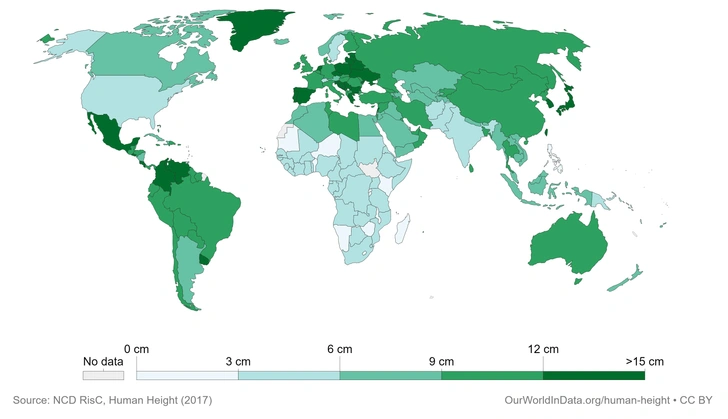 Карта: средний рост женщин в каждой стране мира