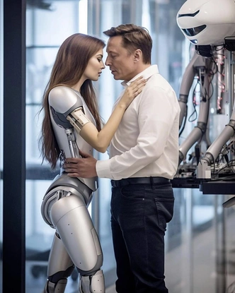 Илон Маск с девушкой, похожей на робота. Изображение сгенерировано искусственным интеллектом | Источник: Midjourney