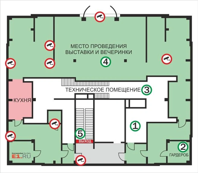 1. Комната в техническом помещении, где следователи нашли разбитый бокал, предположительно, с отпечатками пальцев Дмитрия Лошагина.2. Гардероб, в котором 27 сентября среди вещей следователи нашли ткань, предположительно, от рубашки фотографа.3. Техническое помещение&nbsp;—&nbsp;место, где, по версии следствия, Дмитрий поссорился с Юлией и совершил убийство.4. Комната, где в тот вечер проходила вечеринка, посвященная открытию выставки Екатерины Ичкинской.5. Выход из лофта на 16-й этаж. До 17-го этажа лифт не поднимается, спуститься можно только по лестнице. | Источник: материалы уголовного дела