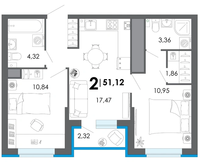 Пример планировки двухкомнатной квартиры в ЖК «Начало» | Источник: «Стройпромсервис»