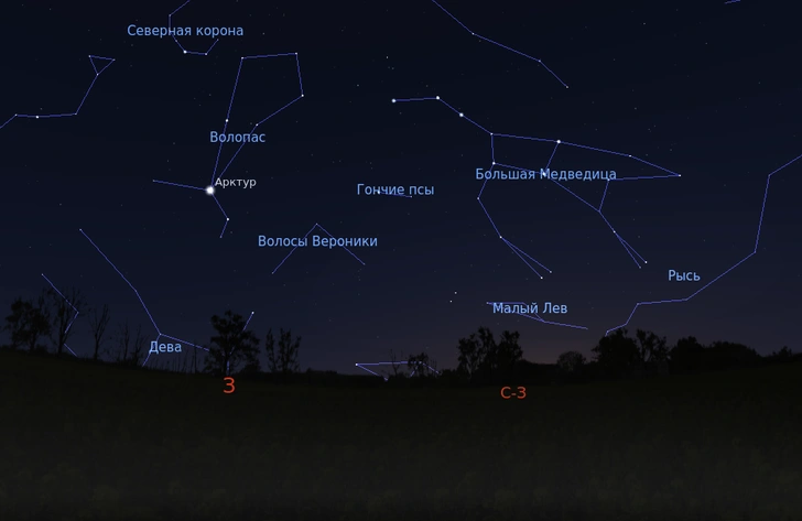 Звёздное небо на северо-западе вечером 12 августа | Источник: Stellarium/Сергей Чумаков