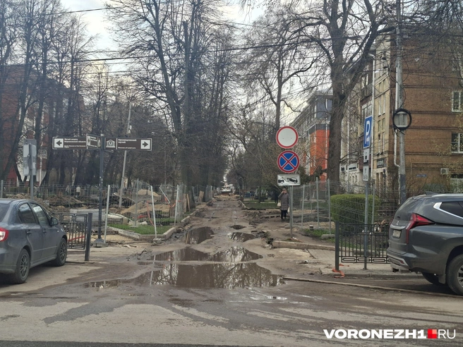 С другой стороны открытая часть прохода выглядит так. Можно пройти правее, где уложены деревянные поддоны поверх ям и луж | Источник: Алёна Воропаева / Voronezh1.ru