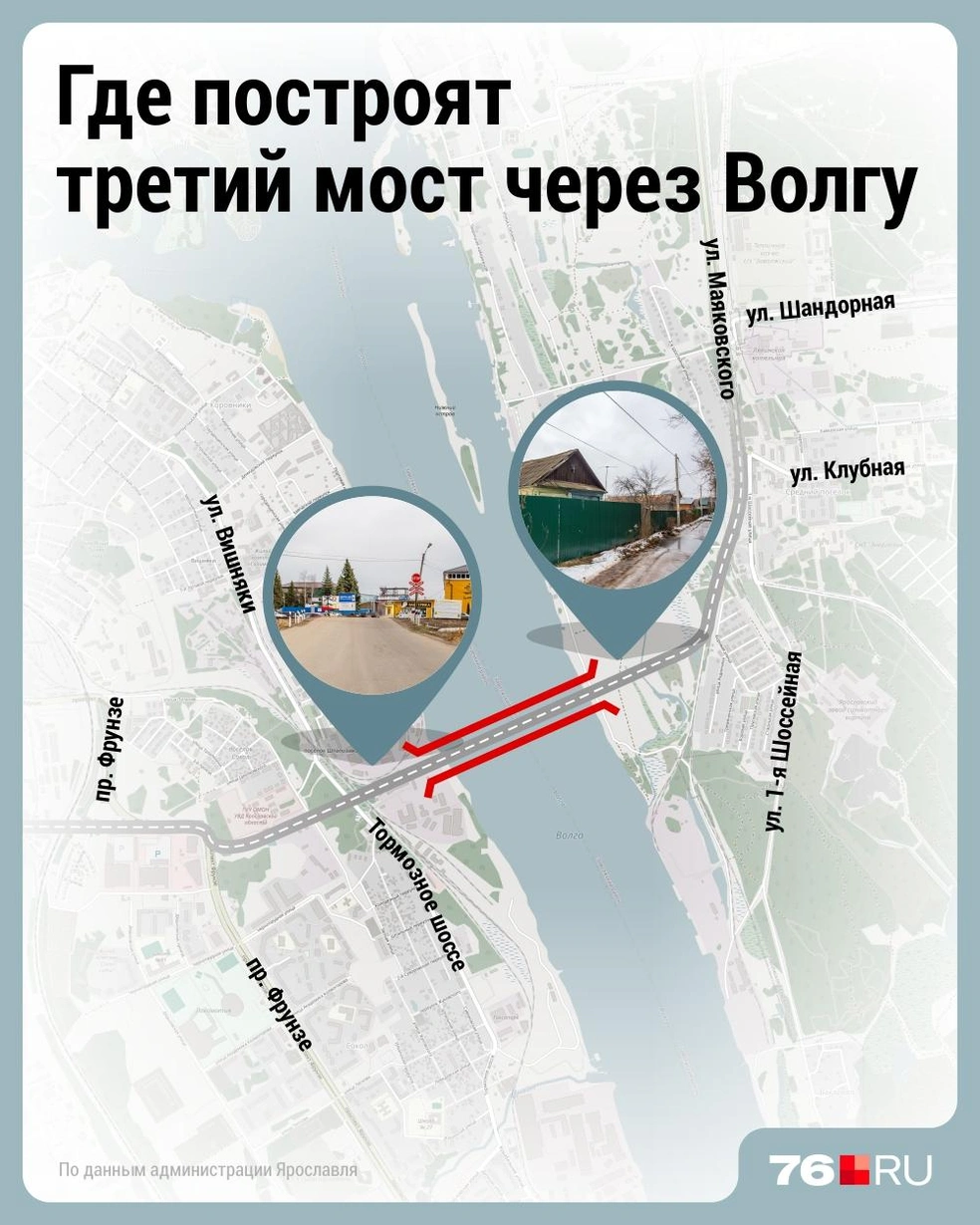 На карте показываем, где именно будет проходить третий мост через Волгу