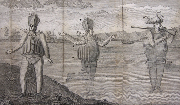 Гравюра изображает водолазный костюм Ла Шапеля (1775) | Источник: Wikimedia Commons