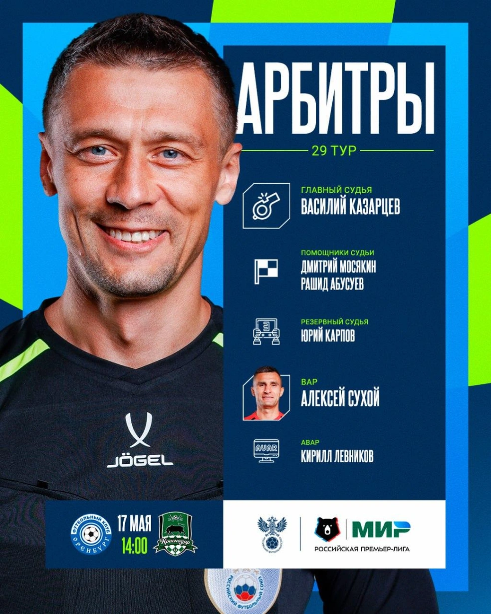 Главный судья матча — Василий Казарцев | Источник: Российская Премьер-Лига / T.me
