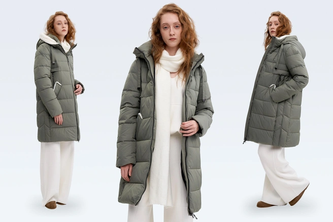 Пуховик с белыми меховыми акцентами и угловой строчкой, стройнит силуэт и делает фигуру более утонченной | Источник: O’HARA