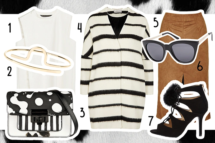 1. Топ, Zara. 2. Браслет, Accessorize. 3. Сумка, Marc by Marc Jacobs. 4. Пальто, Marella. 5. Юбка, Topshop. 6. Очки, AJ Morgan. 7. Туфли, GLAMOROUS.