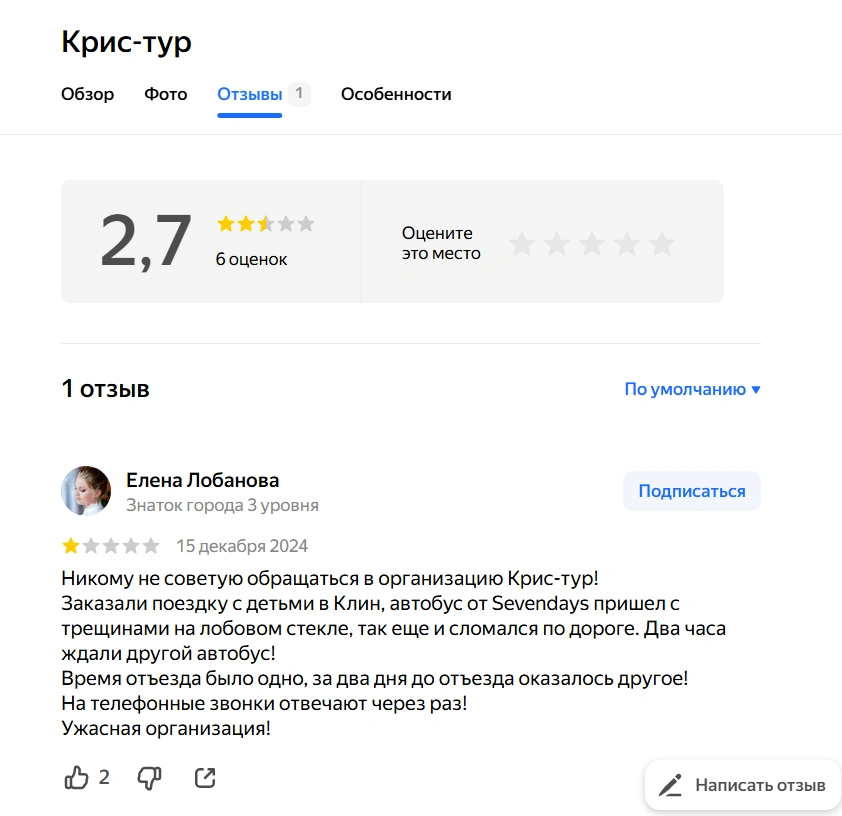Никаких официальных юридических данных о работе компании «Крис-тур» в открытых источниках найти невозможно | Источник: «Яндекс Карты»