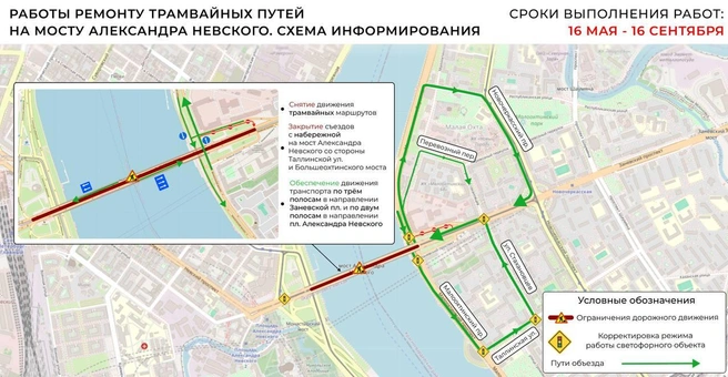Схема первого этапа ограничений на время ремонта на мосту Александра Невского | Источник: «Мостотрест»
