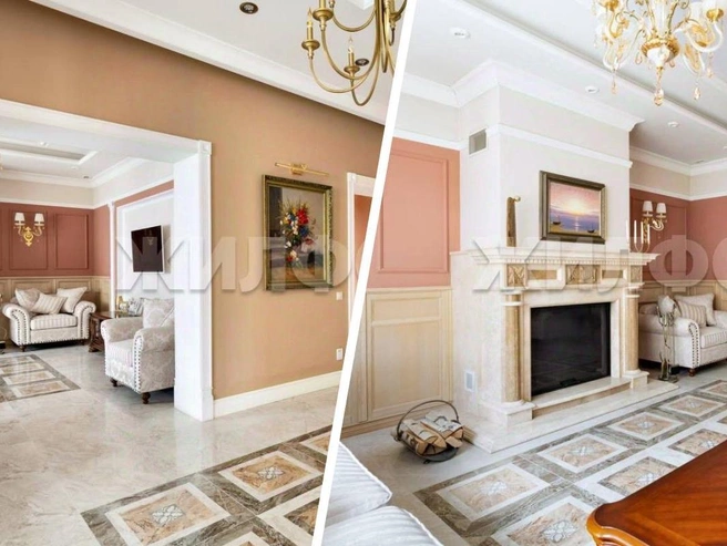 На фотографиях видно наличие камина в интерьере.