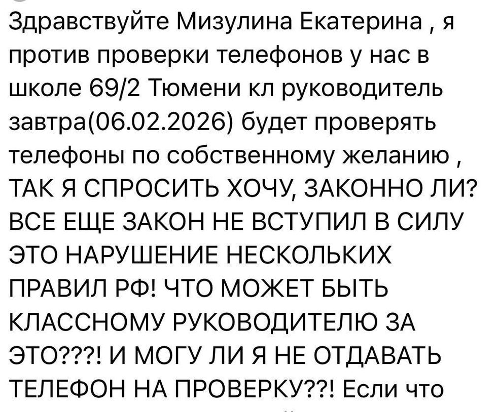 Обращение школьника из Тюмени к Мизулиной | Источник: Екатерина Мизулина / T.me