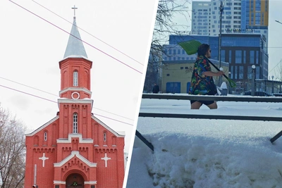 Парень в шортах помог убрать снег у церкви