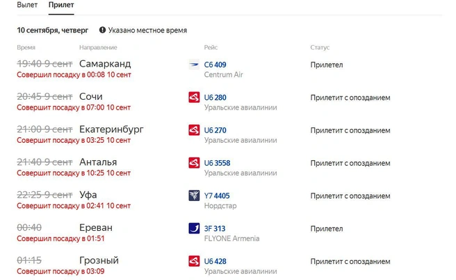 Табло на прилет светится красным также, как в Шереметьево | Источник: «Яндекс. Расписания»