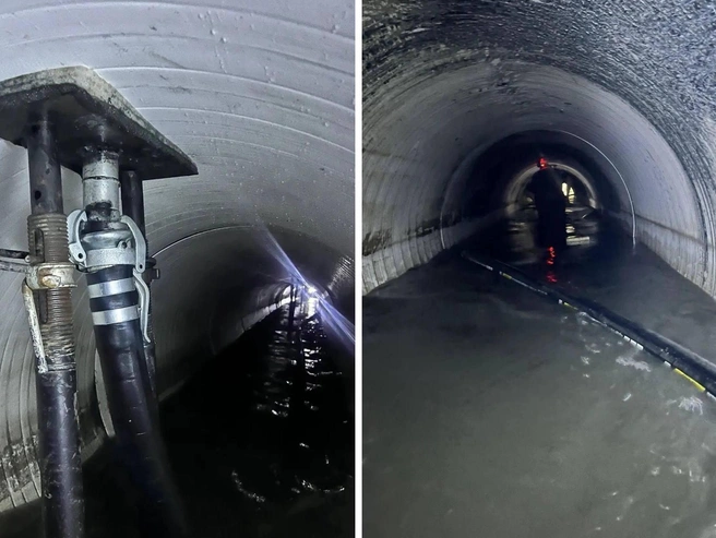 Днем поток воды сильнее, ближе к ночи он ослабевает, поэтому большую часть работ специалисты выполняли в темное время суток | Источник: Максим Кудрявцев / Telegram