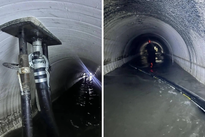 Днем поток воды сильнее, ближе к ночи он ослабевает, поэтому большую часть работ специалисты выполняли в темное время суток | Источник: Максим Кудрявцев / Telegram