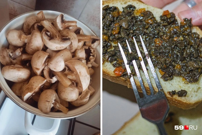 Слева — нарезанные шампиньоны, справа — готовое блюдо | Источник: Закамские Шампиньоны | Пермь | Усть-Качка / Vk.com; Тимофей Калмаков / 59.RU