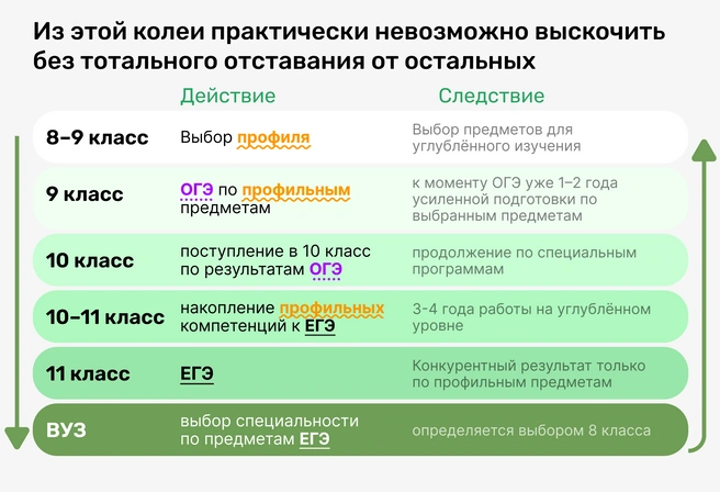 Осознал важность выбора профиля только в январе–феврале 9 класса — уже отстал от тех, кто выстраивал траекторию с начала 8 | Источник: Ирина Калмыкова