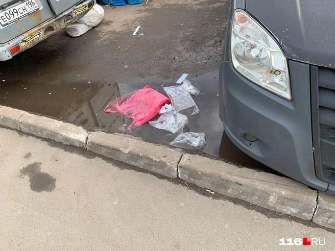 Недалеко от ярмарки располагалось сразу несколько мусорных урн, но легче было, видимо, выкинуть пакеты на дорогу | Источник: Ильгиз Шарифзянов / 116.RU