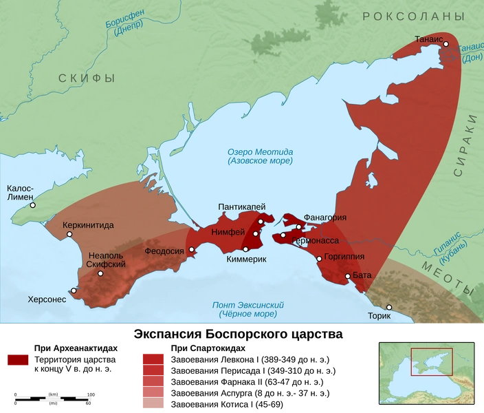 Изменения границ Боспорского царства | Источник: V4711, CC BY-SA 3.0, via Wikimedia Commons