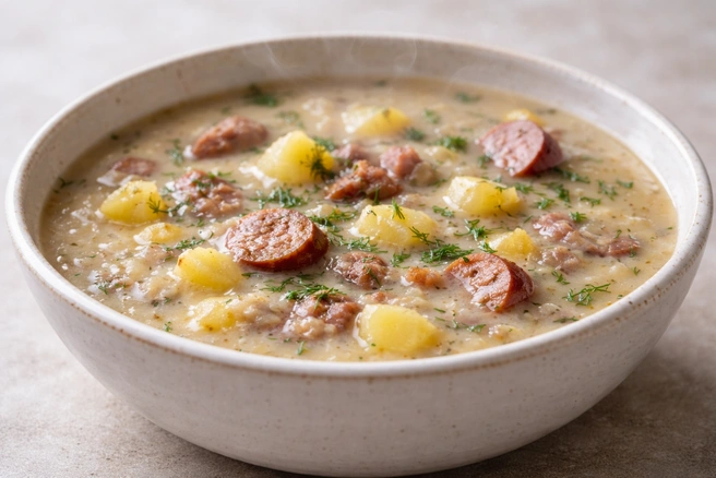 Кисловатый вкус и ржаная закваска делают старинный суп жур совсем не скучным | Источник: GPT