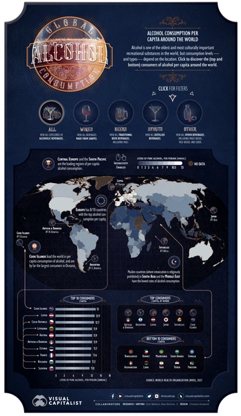 Еще по одной: все страны мира по потреблению алкоголя на душу населения