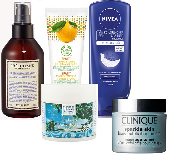 L’Occitane Расслабляющее масло для массажа Аромакология, The Body Shop Укрепляющий массажный крем-гель SPA FIT, Nivea Смываемый кондиционер для тела питательный, Therme Масло взбитое для тела Thalasso Body Butter, Clinique Отшелушивающий крем для тела Sparkle Skin Body Exfoliating Cream | Источник: Архив пресс-служб